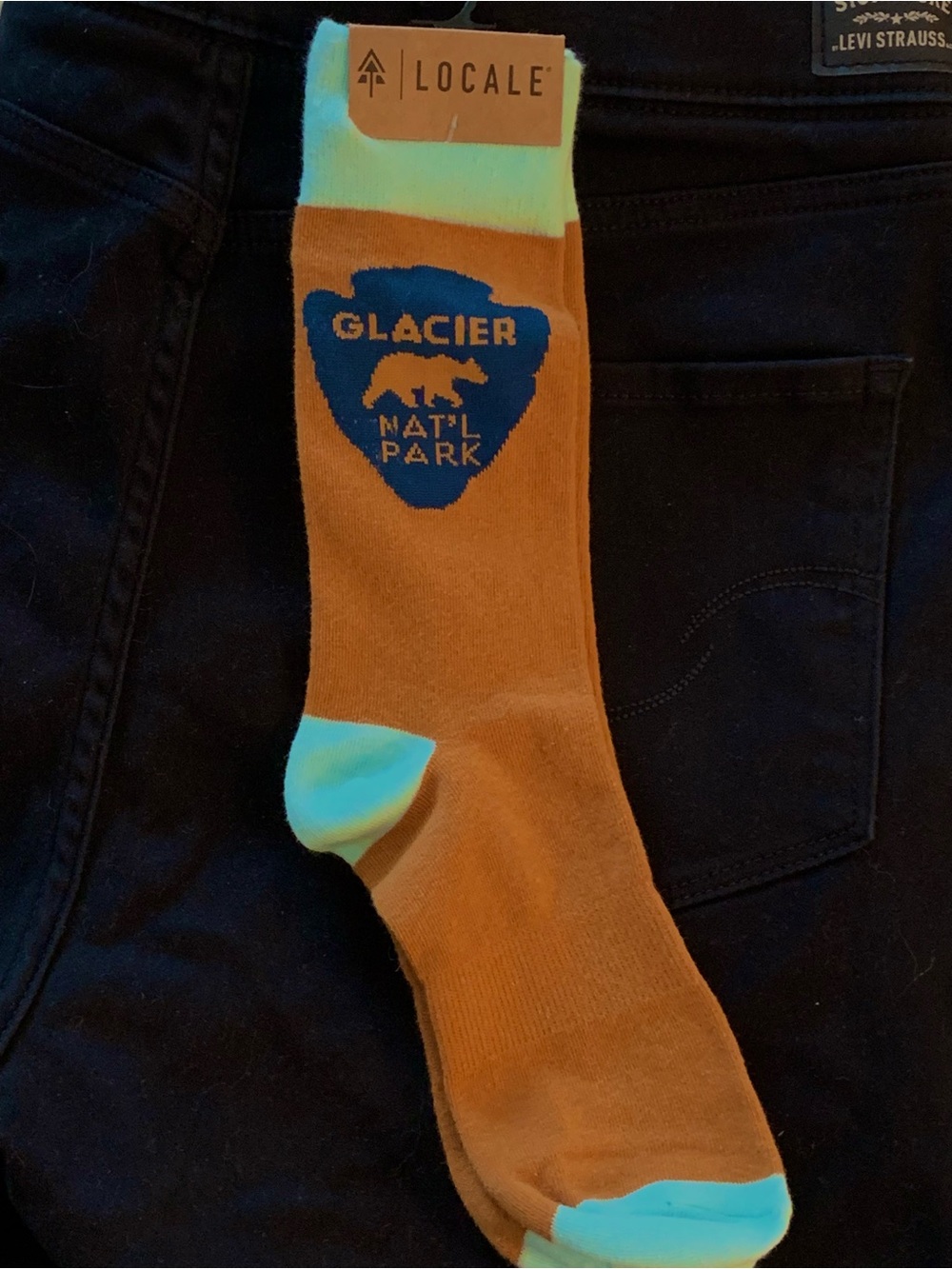 Glacier National Park Rust Crew Socks with Aqua Accents